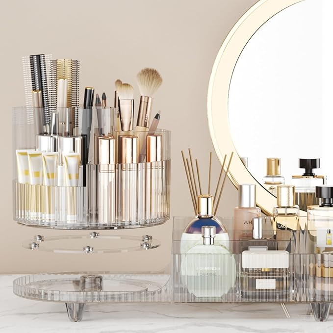 Roating Makeup Organizer for Vanity, Large Capacity Cosmetic Display Case, Clear Acrylic Countertop Beauty Storage Holder for Skincare, Brush Eyeshadow Lipstick, Counter Desk, Crystal Amber