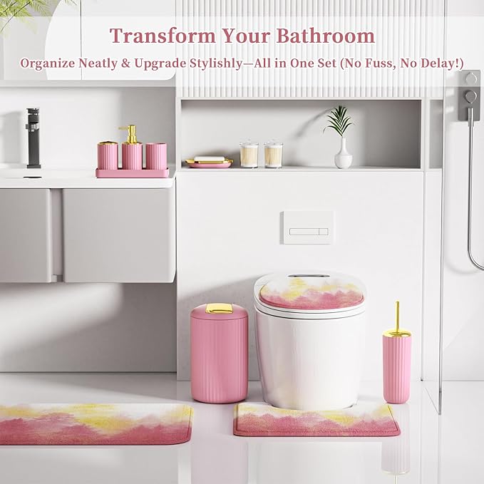 Pink and Gold Bathroom Accessories, Bathroom Sets with Shower Curtain and Rugs, Bath Rugs Accessory Set with Bathroom Trash Can, Soap Dispenser, Soap Dish for Home Decor