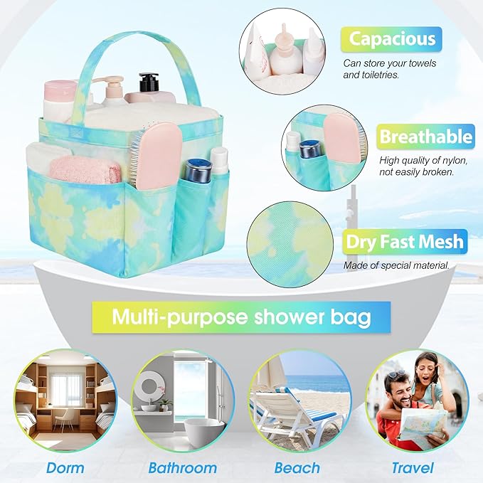 Attmu Mesh Shower Caddy Portable for College Dorm Room Essentials with 8 Pockets, Hanging Shower Caddy Dorm Basket, Quick Dry Shower Bag for Bathroom