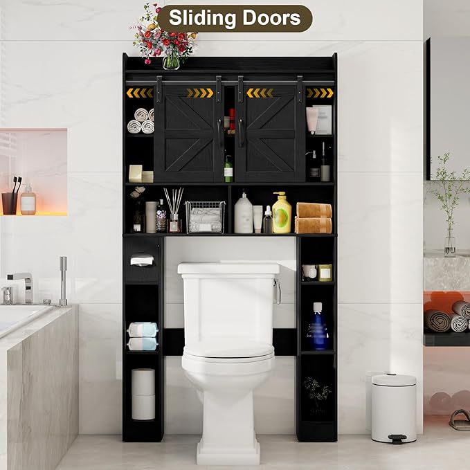 Vabches Farmhouse Storage Cabinet Over Toilet with Sliding Doors, Home Space-Saving Toilet Rack, Over The Toilet Storage Cabinet, Open Storage Shelf, for Bathroom, Laundry, Restroom.Black