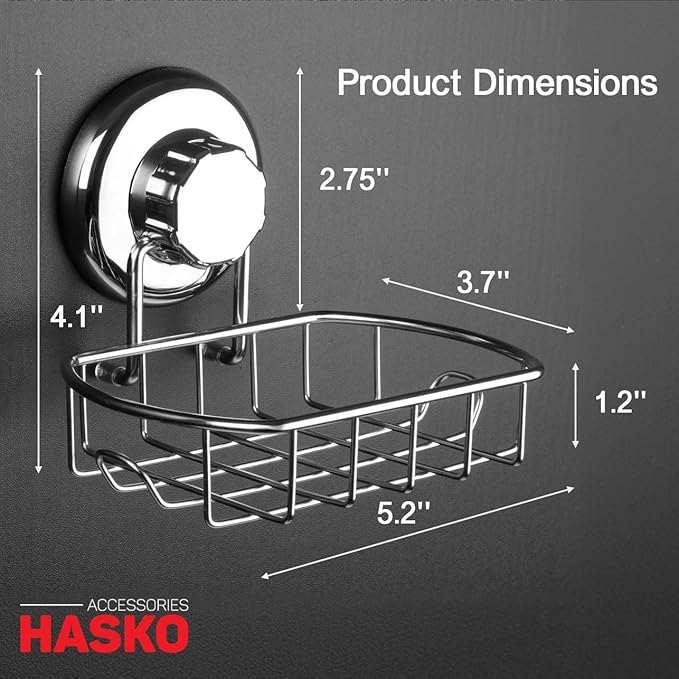 HASKO Suction Soap Dish with Hooks | Powerful Vacuum Suction Cup Soap Holder | Soap Basket Holder for Bathroom & Kitchen (Polished Stainless Steel SS304)