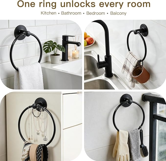 Besteffie Adhesive Towel Ring Self Adhesive Hand Towel Ring Stainless Steel Rustproof Bathroom Towel Holder Wall Mount SUS 304 Stainless Steel Matte Black,Bathroom Hand Towel Holder