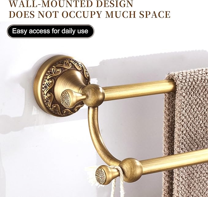 Wall Mounted Bathroom Double Towel Rack, Towel Bar Adjustable 15.5 to 27.5 Inch Antique Brass Pattern Carving,Brushed Bronze