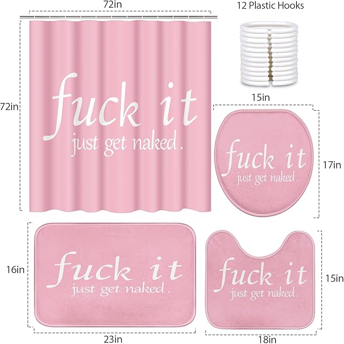 ArtSocket 4PC Pink Funny Get Naked Shower Curtain Sets Bathroom Decor with Rugs, Non-Slip Rug,Toilet Lid Cover, Bath Mat and 12 Hooks 72x72 inches