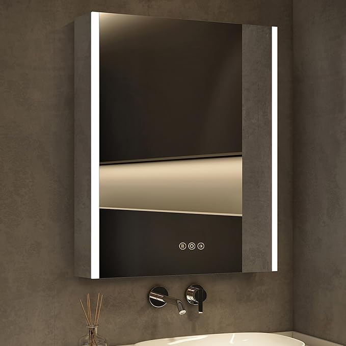 Medicine Cabinet with LED Lights and Mirror, 24 x 36 Inch Surface or Recessed Mounted Bathroom Cabinets with Door, Defogger, Memory Function, 3-Color Mode, Outlet&USB, Dimmer, Storage Shelf