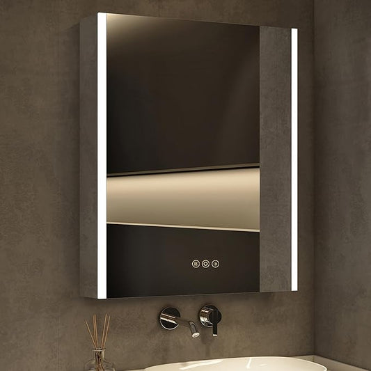 Medicine Cabinet with LED Lights and Mirror, 24 x 30 Inch Surface or Recessed Mounted Bathroom Cabinets with Door, Defogger, Memory Function, 3-Color Mode, Outlet&USB, Dimmer, Storage Shelf