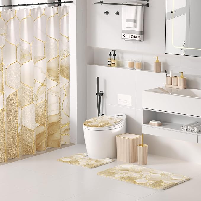 XLHOMO Bathroom Set - 26PC Bathroom Set with Shower Curtain and Rugs, Bathroom Accessory Set, Beige Bathroom Accessories Set, Trash Can & Soap Dispenser