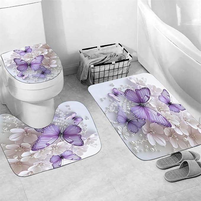 ZLQQ 4Pcs Butterfly Shower Curtain Sets with Rugs Butterfly Pearl Bathroom Set with Non-Slip Rugs Toilet Lid Cover and Bath Mat Vintage Shower Curtain with 12 Hooks, Durable Bathroom Decor Set