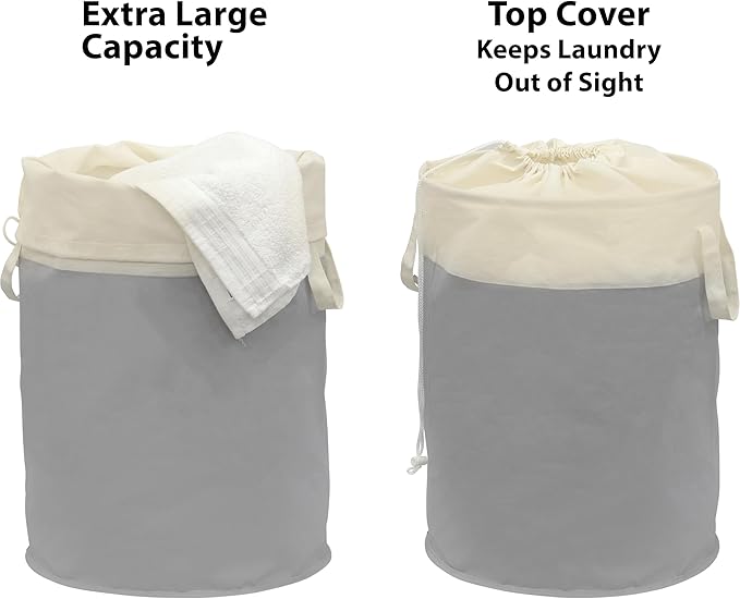 Simple Houseware 74L Collapsible Laundry Hamper, Round Cotton Basket with Drawstring Closure and Handles, 2 Pack, Gray