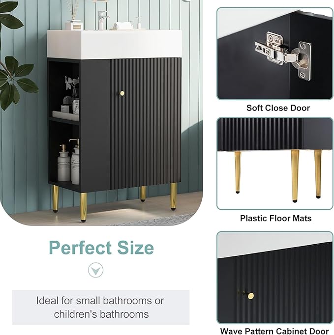 Virubi 21.6 in Small Bathroom Vanity with Sink,Doors and Storage Shelves,Wood Modern Single Fluted Bathroom Sink Cabinet Freestanding (Black,Left Shelf)