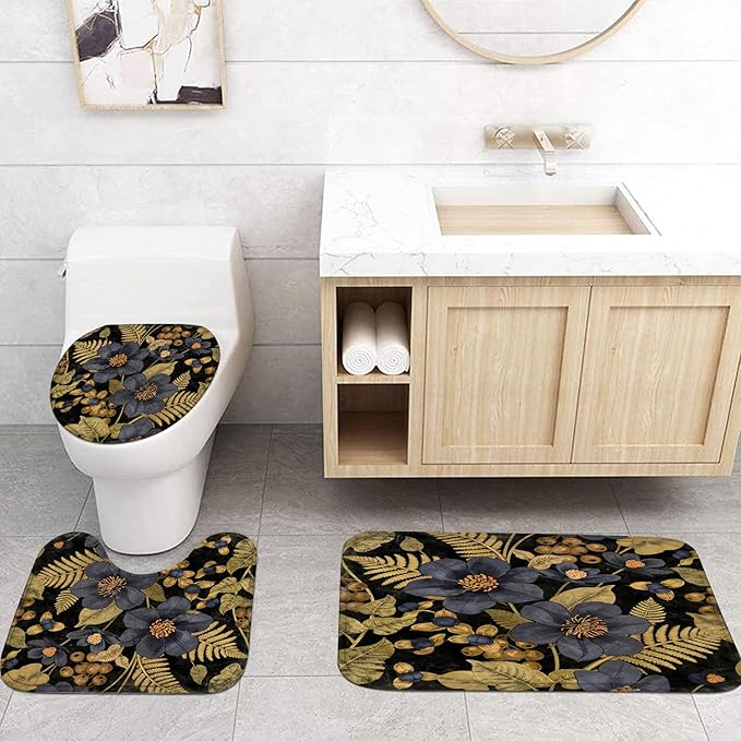 FZDHHY 4Pcs Black and Blue Shower Curtain Set, Morden Bathroom Sets, Vintage Flower Bathroom Sets with Shower Curtain and Rugs, Shower Curtain with 12 Hooks