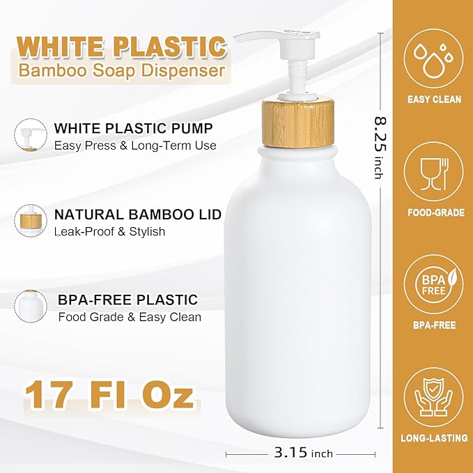 KASUNTING White Soap Dispenser, 2 Pack Plastic Bathroom Hand Soap and Lotion Dispenser Set with Bamboo Pump, 17 Fl Oz Hand and Dish Soap Dispensers Set for Kitchen, Refillable Liquid Soap Bottles