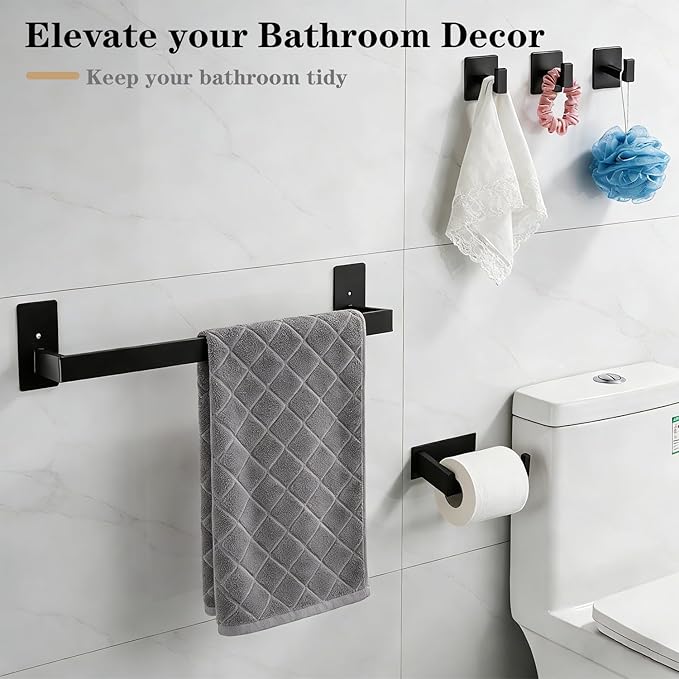 5 Pieces Self Adhesive Bathroom Hardware Set-SUS304 Stainless Steel-Towel Rack Set Include 16″Towel Bar+Toilet Paper Holder+3 Towel/Robe Hooks Bathroom Accessory (Matte Black, 16 in)