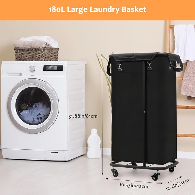 Longzhuo 47.55 Gal(180L) Laundry Basket with Wheels, Rolling Laundry Basket, Large Laundry Hamper, Metal Wheeled, for Hotel, Bedroom, Laundry Room Organization, Black