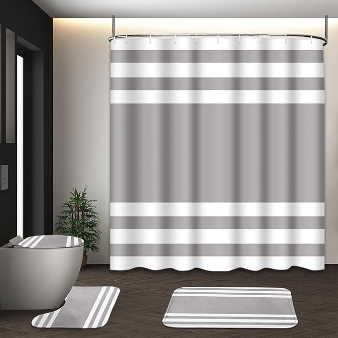 Striped Grey Shower Curtain Set with Toilet Lid Cover and Non-Slip Rugs for Bathroom, Minimalist Modern 4 Pcs Shower Curtain, Neutral Bathroom Set with 12 Hooks