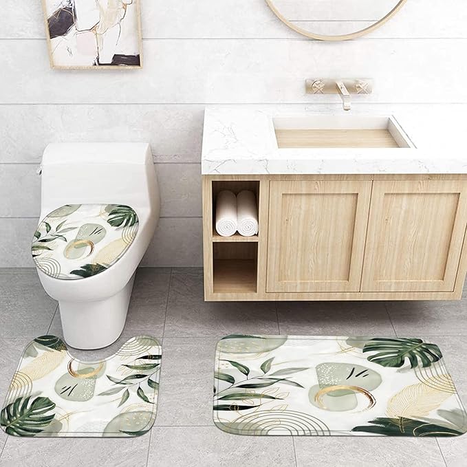FZDHHY 4Pcs Green Shower Curtain Set, Modern Boho Bathroom Sets, Modern Luxury Bathroom Sets with Shower Curtain and Rugs, Shower Curtain with 12 Hooks
