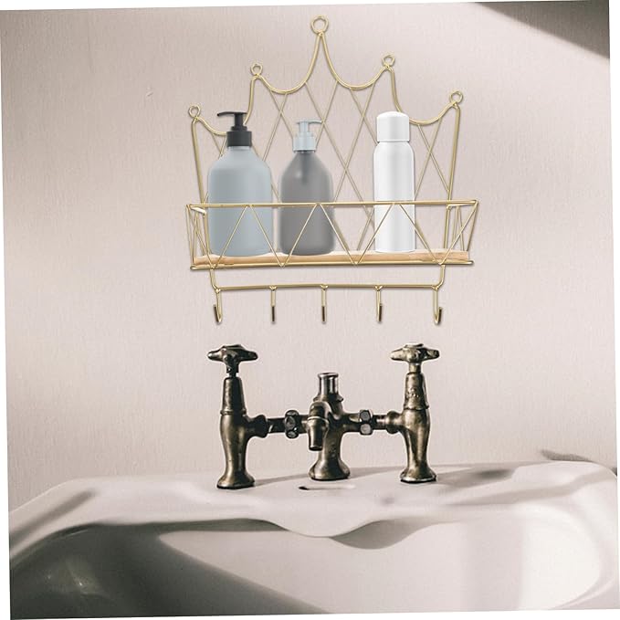 ULTECHNOVO Crown Shaped Wall Hook Storage Rack Iron Decorative Shelf for Bathroom Living Room Bedroom Wall Art Organizer with Hooks Stylish Home Decor