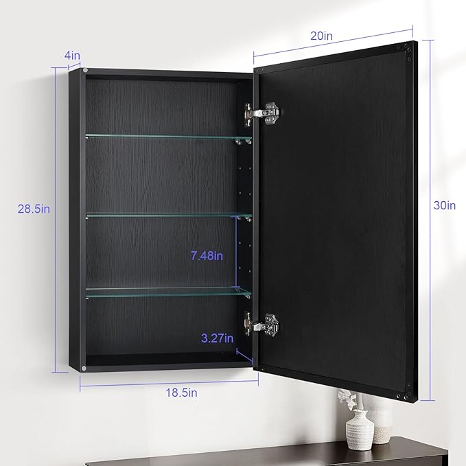 Medicine Cabinet Mirror, 20x30 Inch Rectangle Wall Mounted Bathroom Vanity Mirror with Storage & Adjustable Tempered Glass Shelves Medicine Cabinet for Bathroom, Black