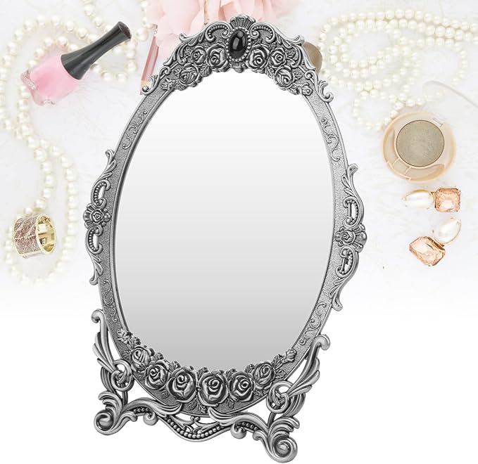 TOPINCN Vintage Oval Floral Embossed Retro Desktop Makeup Mirror with Stand, Clear Image, Zinc Alloy Frame, Wall Mount, Antique Pewter Mirror, 1 Count