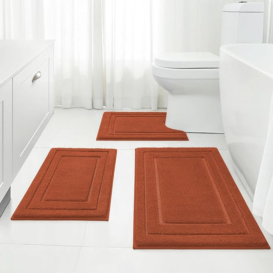 HOMEIDEAS Bathroom Rugs Sets 3 Piece, Super Soft and Absorbent Non Slip Microfiber Toilet Bath Mat with U-Shaped (Burnt Orange)