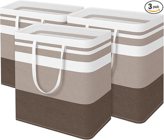 BlissTotes 3-Pack Laundry Basket, Freestanding＆Waterproof Laundry Hamper, Collapsible Tall Clothes Hamper with Easy Carry Handles for Clothes, Towels in the Family and Dorm,Gradient Khaki,125L