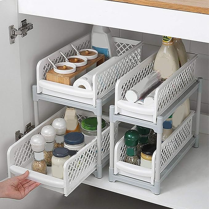 2 Layer Bathroom Sliding Basket Storage Cabinet, Bathroom Shelf with Pull Out Drawers, White Space Storage Rack for Supplies, to Inl No Dril Needed