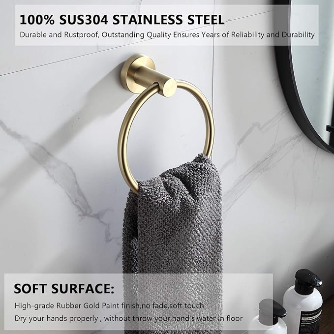 BGL Towel Ring Brushed Gold Stainless Steel 304 Towel Ring Wall Mount Bathroom Towel Holder Round Towel Hanger