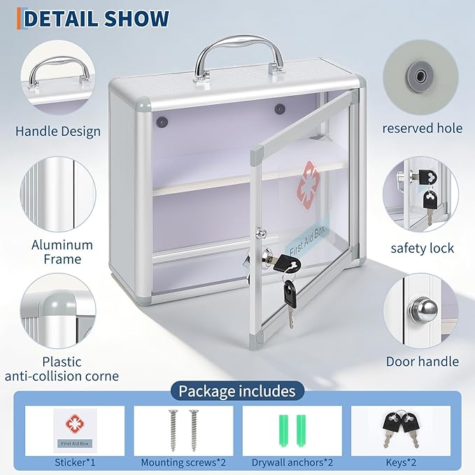 Garvee Small Lockable Medicine Cabinet with Handle,Protable First Aid Cabinet Wall Mount with Sticker for Bathroom,11.42"×4.33"×9.84",Sliver