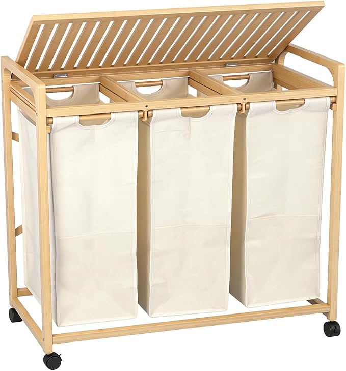 Bamboo Laundry Hamper 3 Section with Lid, 150L Laundry Sorter with Lockable Wheels, Pull-Out Removable Washable Bags, 3 × 12.5 Gal Divided Laundry Baskets for Laundry Room, Bathroom (Beige)
