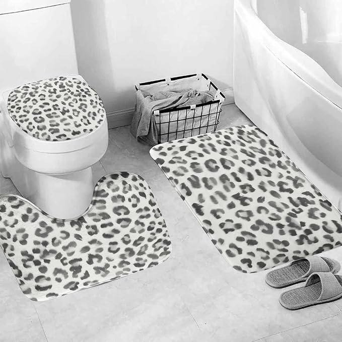 TOMWISH 4 Pcs Leopard Print Shower Curtain Set,Cheetah Print Bathroom Sets Complete Shower Curtain Toilet Lid Cover and Bath Mat Bathroom Decor Sets,juego de baños de Set Bath Accessories with Hooks