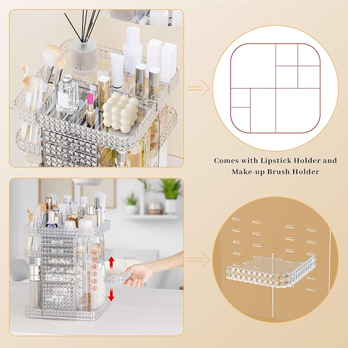 360 Rotating Makeup Organizer for Vanity, Large Skin Care Organizer with 6 Drawers Clear Acrylic Cosmetic Organizer Adjustable Spinning Makeup Storage Perfume Organizer for Dresser (Clear)