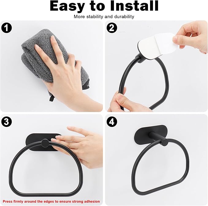 Livabber Towel Ring for Bathroom, 304 Stainless Steel Hand Towel Holder, Heavy Duty Towel Hanger for Bath, Kitchen, Hotel (4″ Self-Adhesive Base, Black)
