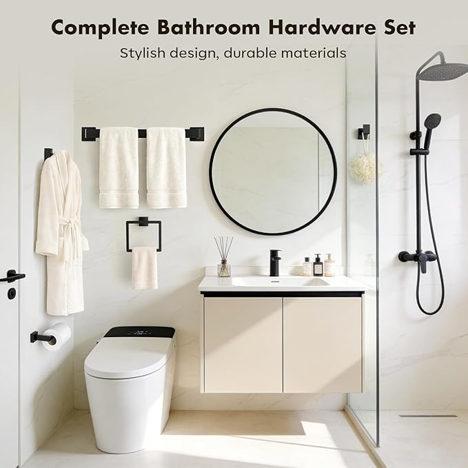 Bathroom Accessory Towel Bar Set: 5 Pieces Matte Black Square Bathroom Hardware SUS304 Stainless Steel - 24 Inch Wall Mounted Towel Rack&Toilet Paper Holder&Towel Ring and Towel Hook