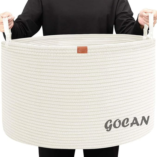GOCAN Extra Large Storage Laundry Basket 22" X 22"X 14" Cotton Rope Woven Basket for Blanket Basket with Handles for Living Room Toys Storage XXXL (Cream)