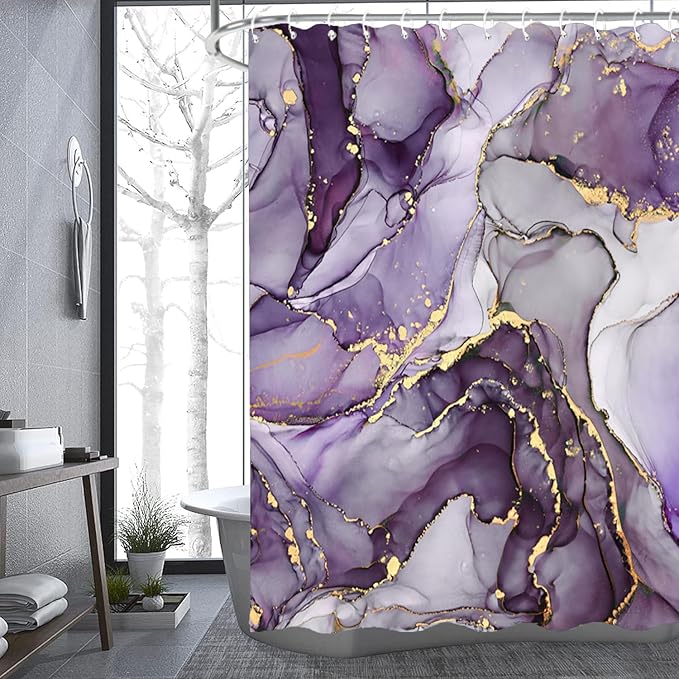NBVKO 4Pcs Luxury Purple Marble Pattern Shower Curtain Set with 12 Hooks Non-Slip Rugs,Toilet Lid Cover and Bath Mat, Stylish Bathroom Decor for Hotel & Home Bathroom