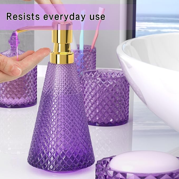 Purple Glass Bathroom Accessories Set 5 Pcs, Purple Bathroom Set, Soap Dispenser and Toothbrush Holder Set, Qtip Holder Set, Vintage Bathroom Sink Set, Cute Bathroom Decor