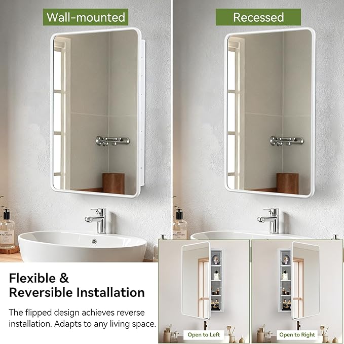 17 x 27 White Bathroom Medicine Cabinet with Mirror Metal Frame Recessed Or Wall Mounted Single Door Storage Medicine Cabinets with Adjustable Shelves Rounded Corner