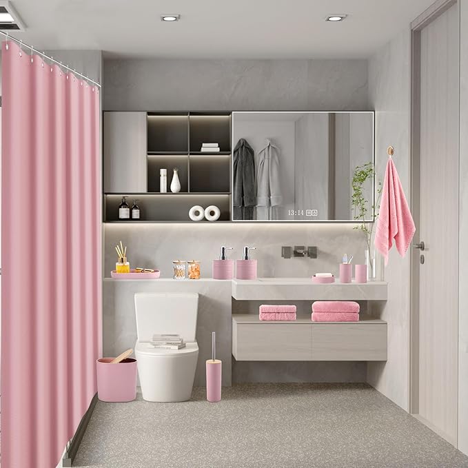 XLHOMO Pink Bathroom Accessories Set, Bathroom Sets with Shower Curtain, Bath Towel Set, Pink Shower Curtain Set with Bathroom Trash Can, Soap Dispenser, Soap Dish for Home Decor
