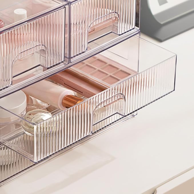 Clear Stackable Desk Storage Drawers, 3 Pack Acrylic Bathroom Makeup Organizers, Easily Assemble All Purpose Plastic Bins for Brightroom, Pantry Organization, Vanity, Undersink, Cabinet