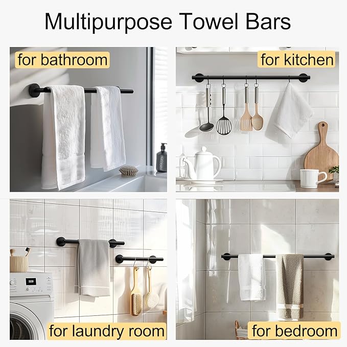 Bath Towel Bar, 20 Inch Towel Racks for Bathroom Wall Mounted, Heavy Duty Bathroom Towel Holder Organizer, Stainless Steel Modern Home Decor Towel Rod, Matte Black