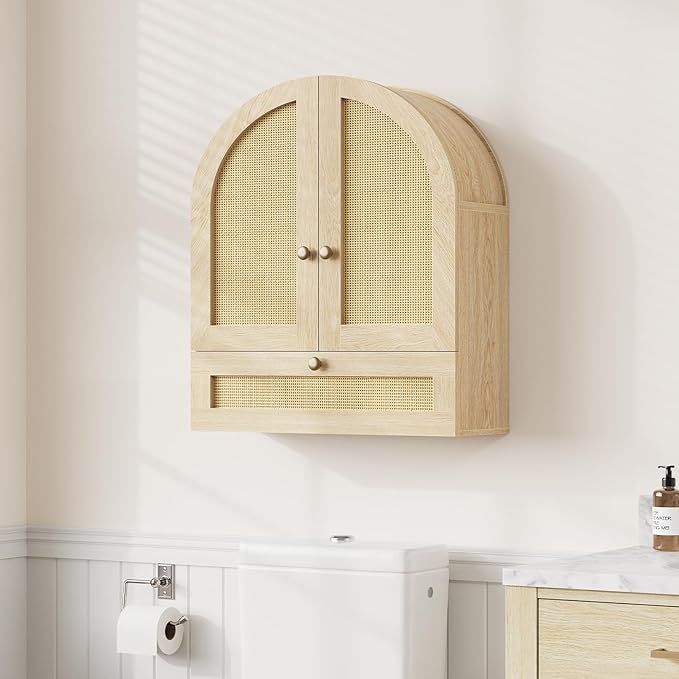 Arched Bathroom Wall Cabinet, Rattan Medicine Cabinet with Drawer, Wall Mounted Hanging Above Toilet Storage Cabinet, Natural 4-Tier Small Over The Toilet Storage Cabinet with Door for Kitchen Laundry