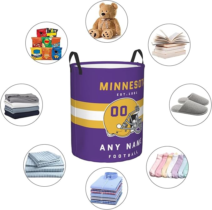 Custom Minnesota Laundry Hamper - Personalized Football Style Laundry Basket - Customized Name And Number - Dirty Clothes Hamper Waterproof Large Capacity Hamper for Bedroom Bathroom Living Room