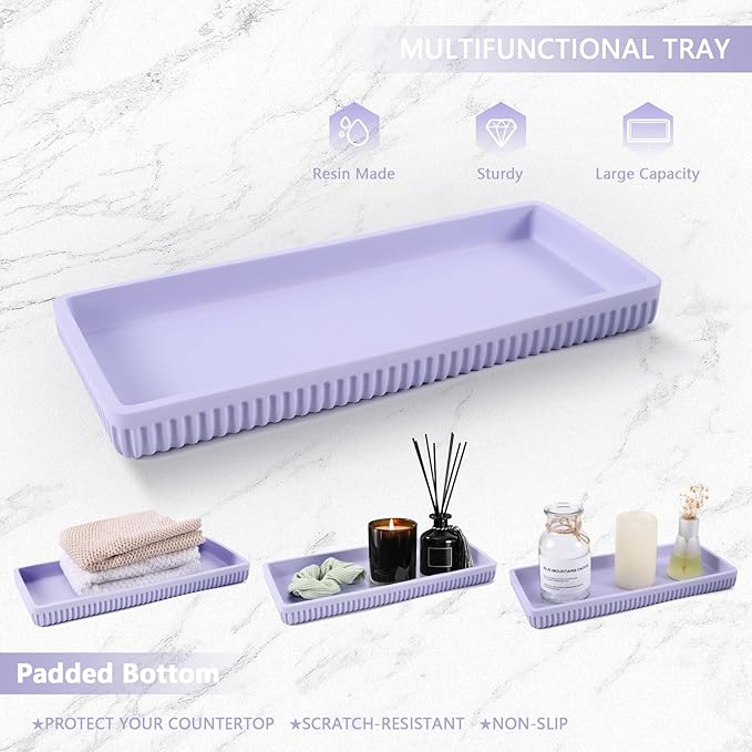 XLHOMO Resin Light Purple Bathroom Accessories Set 5 Pcs, Lotion Soap Dispenser, Toothbrush Holder, Bathroom Tumbler, Qtip Holder and Vanity Tray, Bathroom Countertop Organizer Set for Home Apartment