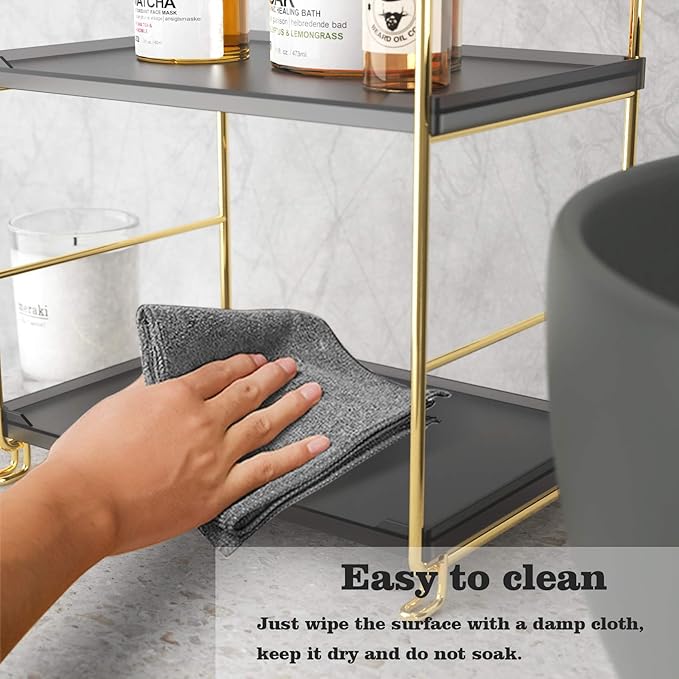 2-Tier Spice Rack Bathroom Organizer Countertop Storage Shelf, Cosmetic Storage Rack Standing Counter Shelf (Gold + Black)