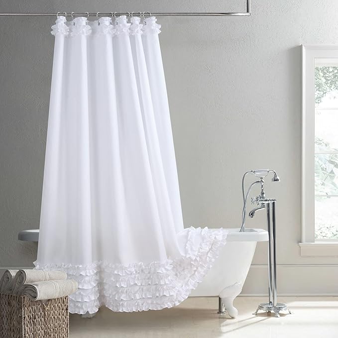 Ruffled White Modern Polyester Fabric Shower Curtain,Waterproof Decoratived Farmhouse Shower Curtains for Bathroom,Extra Large 78" W x 84" L