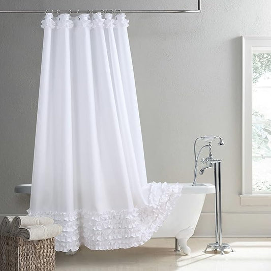 Ruffled White Modern Polyester Fabric Shower Curtain,Waterproof Decoratived Farmhouse Shower Curtains for Bathroom,72" W x Extra High 78" L