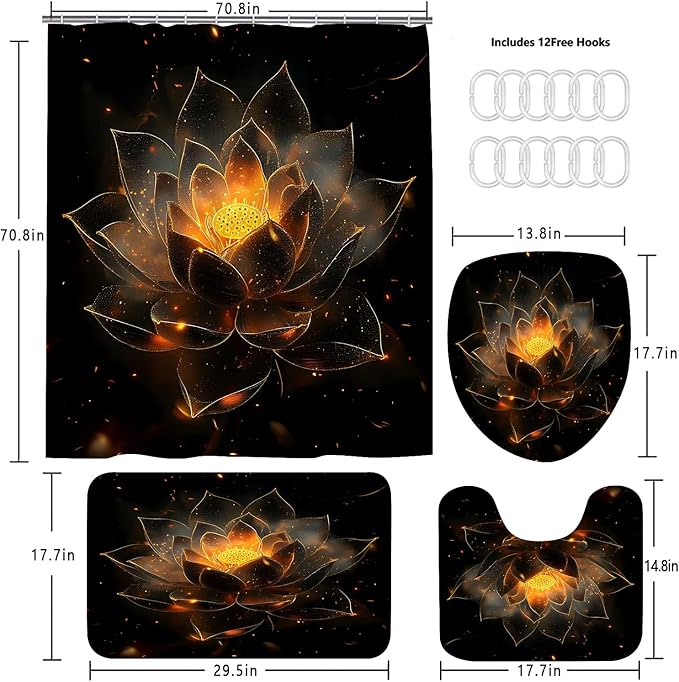 AZHM Luxury Golden Lotus Shower Curtain Set 4 PCS Black Gold Floral Bathroom Decor Set with Non-Slip Bath Rugs, Toilet Lid Cover and U-Shaped Mat