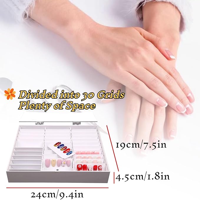 Rosvola Nail Art Display, Nail Storage Organizer Box, Empty Nail Tips Storage Box with cover Fake Nail Display Case for Nail Salon Home Use (White)