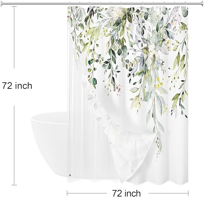 Gibelle 3 in 1 Shower Curtain Set, 72x72 Sage Green Eucalyptus Bath Curtain and PEVA Liner Set with 12 Metal Hooks, Waterproof Fabric Bathroom Curtain