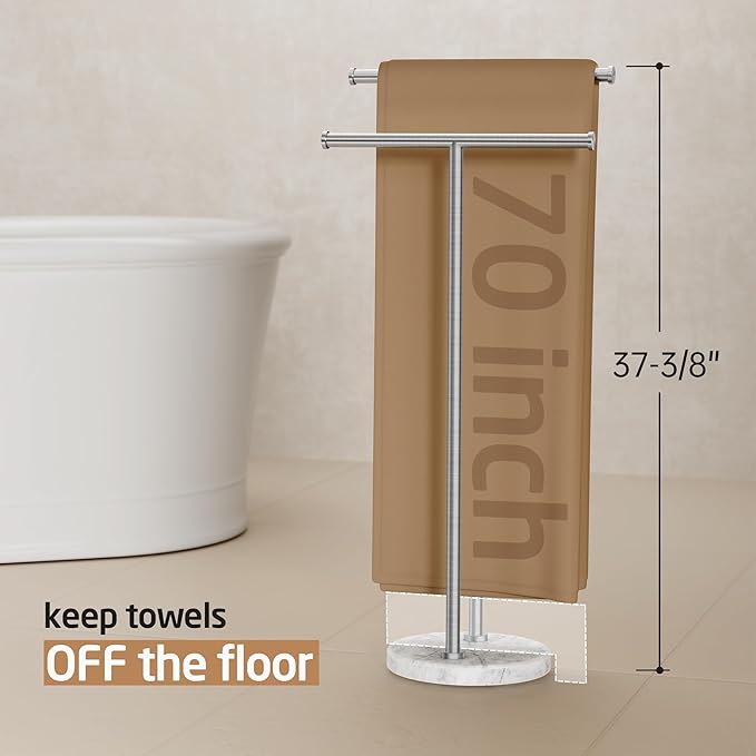 KES Standing Towel Rack for Bathroom Floor with 10.5 Lbs Natural Marble Base, 2-Tier Free Standing Towel Rack Double T-Shape, 18/8 Stainless Steel, Brushed Finish, BTH237A-2